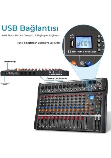 Midex Mix Dm-12 Deck Mikser 12 Kanal Ses Mikseri (Bluetooth USB Efekt) fiyatları