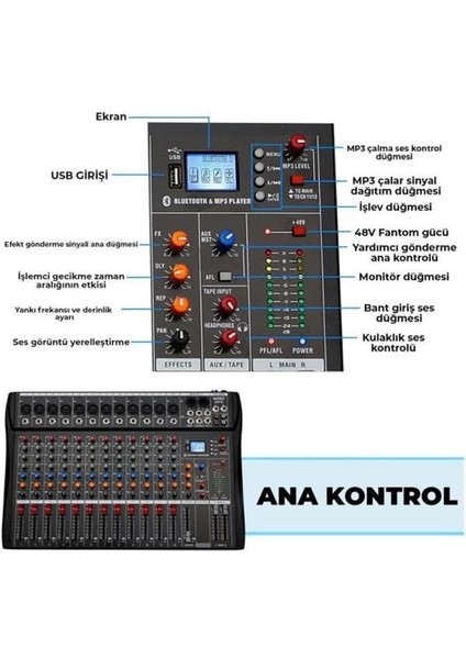 Midex Mix Dm-12 Deck Mikser 12 Kanal Ses Mikseri (Bluetooth USB Efekt) fırsatları
