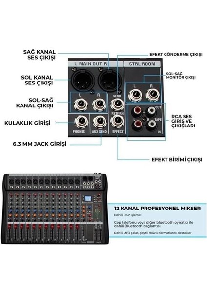 Midex Mix Dm-12 Deck Mikser 12 Kanal Ses Mikseri (Bluetooth USB Efekt) indirimleri