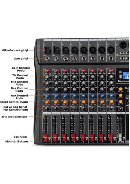 Midex Mix Dm-12 Deck Mikser 12 Kanal Ses Mikseri (Bluetooth USB Efekt)