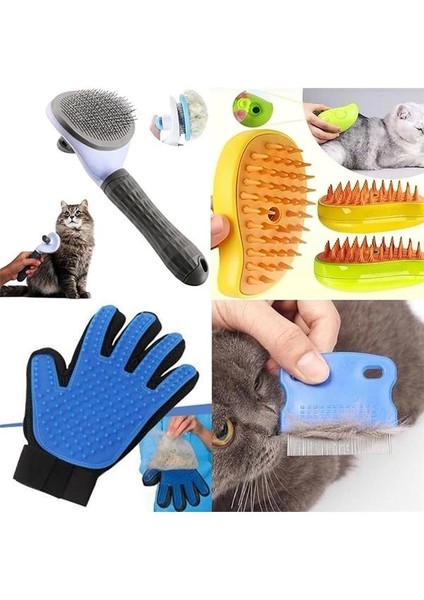® 4'lü Kedi Köpek Tarağı Seti Buharlı Kedi Köpek Tarama Eldiveni Basmalı Otomatik Tarak Bit Pire