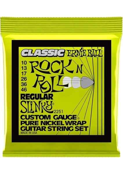 Regular Slinky Klasik Rock 'n' Roll Elektro Gitar Telleri, Saf Nikel Sargı, Ölçü 10-46