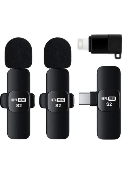 S2 Iphone ve Type-C Uyumlu Kablosuz Ikili Yaka Mikrofonu Youtube Facebook Tiktok Vlog