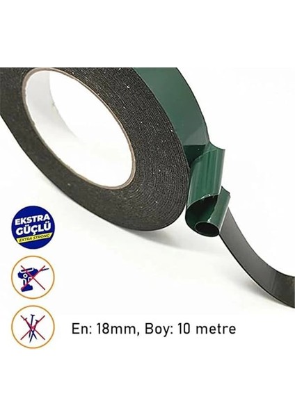 Çift Taraflı Köpük Bant Eva Montaj Bandı 18 mm x 10 Metre, Yeşil/siyah