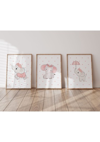 (Çerçevesiz) Pembe Fil Temalı Kız Bebek, Çocuk Odası Poster Seti, 3lü Poster Seti