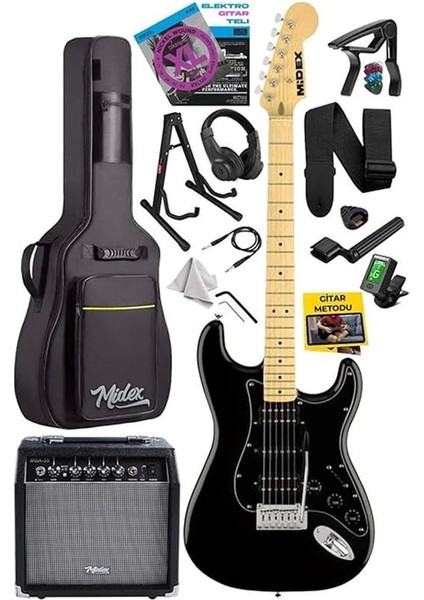 RPH-40BK-35AMP Full Black 35W Bt Amfili Elektro Gitar Seti Hsh Manyetik Maple Klavye