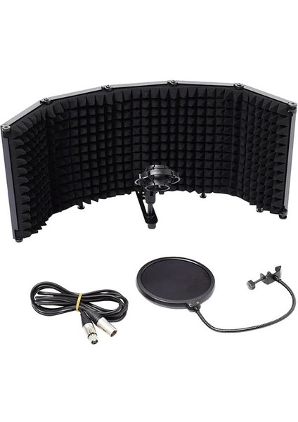 PF-43PS Mikrofon Ses Yalıtım Paneli 5 Bölümlü Ayaklı 69X26CM (Filtre Sünger Shock Mount Kablo