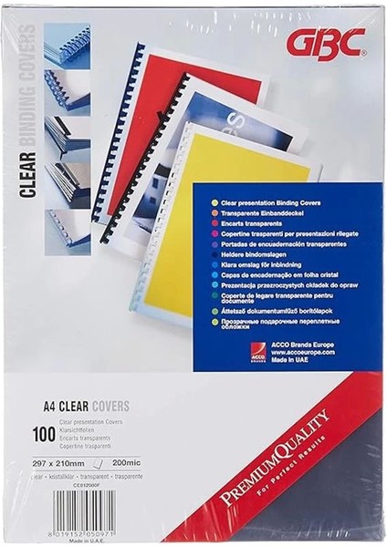 Hiclear Cilt Kapakları, A4, 200 Mikron, Pvc, Parlak, 100'LÜ Paket, CE012080F