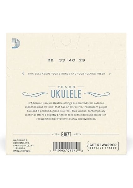 D'addario EJ87T Ukulele Tel Seti, Tenor, Titanium, Warm Bright
