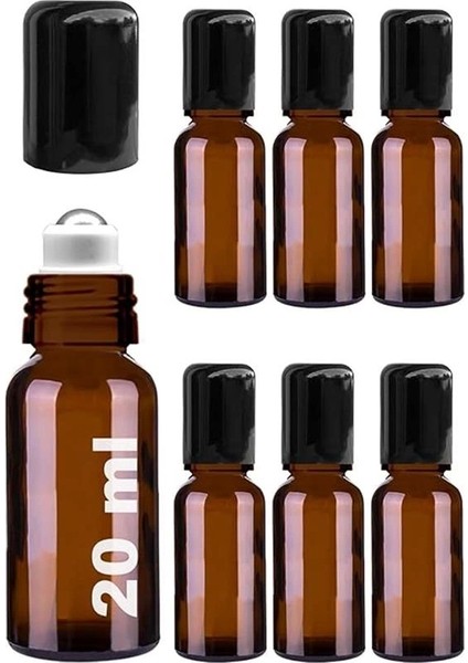 20 ml Çelik Roll On Şişesi 20 cc Sızdırmaz Siyah Kapaklı Cam Şişe 6 Adet (Amber, 20)
