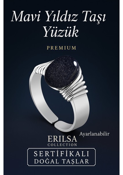 Sertifikalı Kalın Tımbıl Gümüş Model Lacivert Yıldız Taşı Yüzük - Ayarlamalı