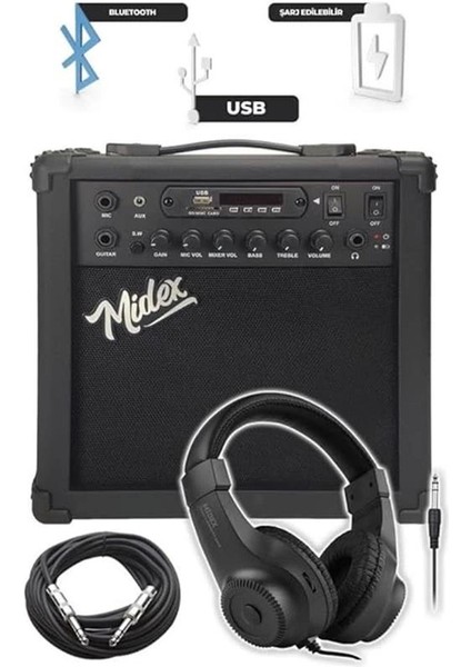 MGA-25BK-PAK Elektro Gitar Amfisi 25 Watt USB Bluetooth ve Şarjlı (Amfi Mikrofon Stand fiyatları