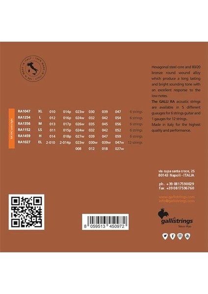 Gallistrings RA1047 Extra Lıght Akustik Gitar Teli modelleri