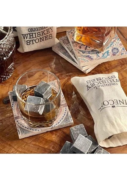 9 Adet Viski Soğutma Taşı Seti Viski Taşı Kesesi Doğal Granit Premium Hediyelik Soğutucu indirimleri