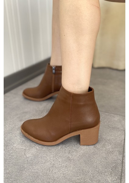 Taba Cilt 6 cm Kalın Topuklu Şık Günlük Kadın Bot TMD202471 fiyatları