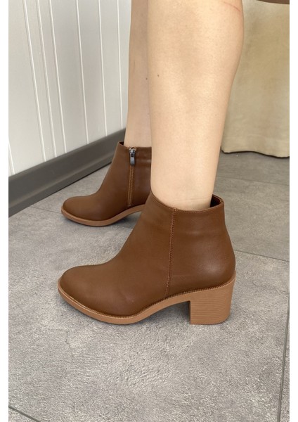 Taba Cilt 6 cm Kalın Topuklu Şık Günlük Kadın Bot TMD202471 modelleri