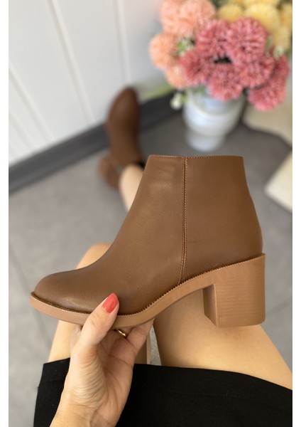 Taba Cilt 6 cm Kalın Topuklu Şık Günlük Kadın Bot TMD202471 indirimleri