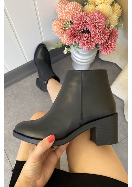 Siyah Cilt 6 cm Kalın Topuklu Şık Günlük Kadın Bot TMD202471 modelleri
