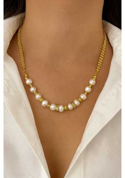 Gerçek Inci & Altın Kaplama Zincirli Tasarım Kolye