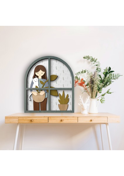 Çok Katmanlı Pencere Şeklinde Kız ve Kedi Temalı | El Yapımı | Dekoratif Mdf Duvar Tablosu