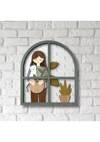 Çok Katmanlı Pencere Şeklinde Kız ve Kedi Temalı | El Yapımı | Dekoratif Mdf Duvar Tablosu fiyatları