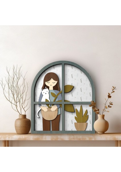 Çok Katmanlı Pencere Şeklinde Kız ve Kedi Temalı | El Yapımı | Dekoratif Mdf Duvar Tablosu modelleri