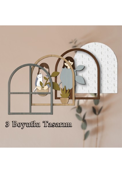 Çok Katmanlı Pencere Şeklinde Kız ve Kedi Temalı | El Yapımı | Dekoratif Mdf Duvar Tablosu indirimleri