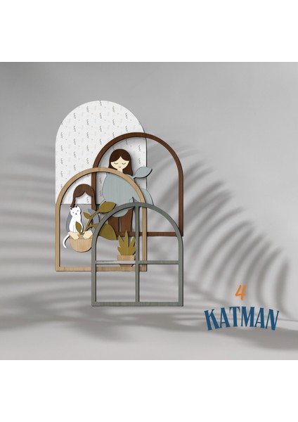Çok Katmanlı Pencere Şeklinde Kız ve Kedi Temalı | El Yapımı | Dekoratif Mdf Duvar Tablosu