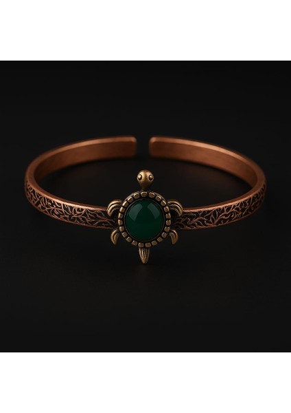 Yeşil Akik Doğal Taşlı Kaplumbağa Figürlü Saf Bakır Otantik Bilezik Doğal Taş