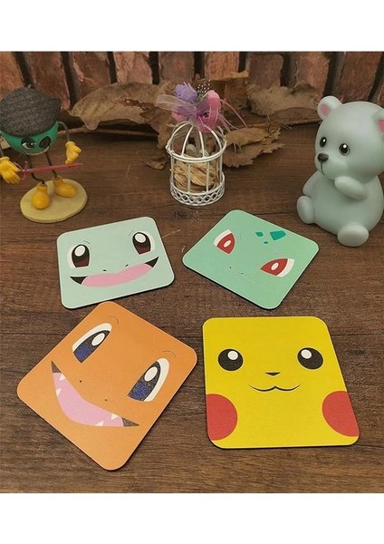 Pokemon Temalı Bardak Altlığı Ahşap Baskılı Altlık 4'lü Set (9 X9CM) KARBONNM51