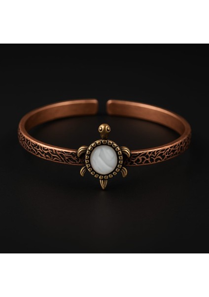 Sedef Doğal Taşlı Kaplumbağa Figürlü Saf Bakır Otantik Bilezik Doğal Taş