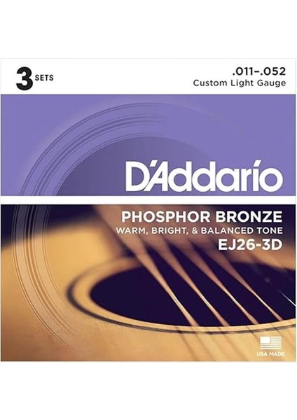D'addario EJ26-3D Akustik Gitar Tel Seti, 3'lü Paket, Phosphor-Bronz modelleri