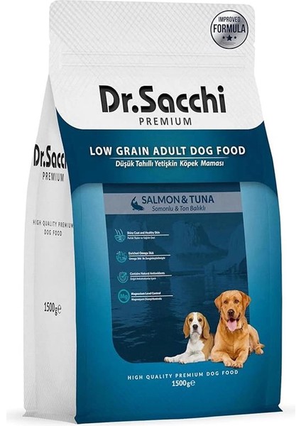 Dr.sacchi Premıum Düşük Tahıllı Somonlu ve Ton Balıklı Yetişkin Köpek Maması 1,5 kg