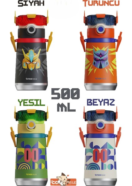 Cocosmile Özel Kutulu 500 ml Pipetli Çelik Termos Boyun Askılı 4 Farklı Robot Modeli CS0001