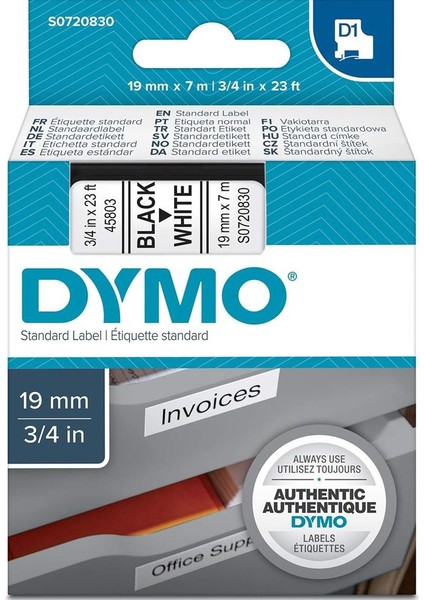 D1 Şerit Standart 19 Mmx7 mt Beyaz Üzerine Siyah 45803 S0720830