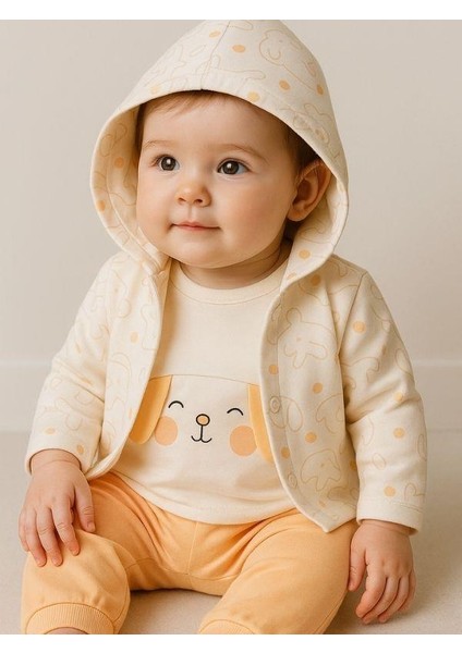 Bebek Kapüşonlu ve Tavşan Figürlü 3 Lü Organik Eşofman Takımı