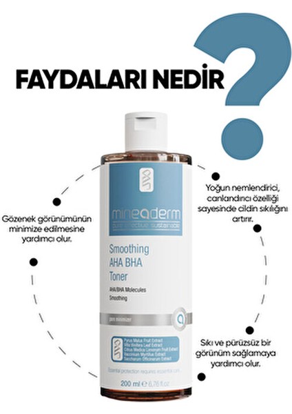 Smoothing AHA BHA Toner 200 ml Cilt Bakımı için Gözenek Sıkılaştırıcı Etki