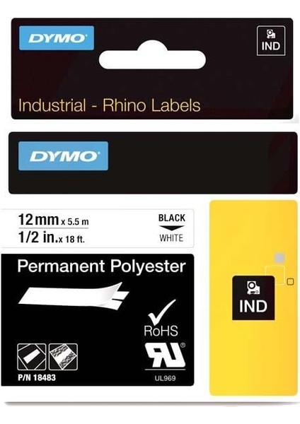 Rhino Pro Etiketi Plastik Sabit 12 Mmx5.5 mt Beyaz Üzerine Siyah 18483