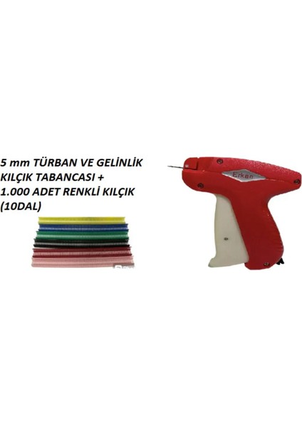 5 mm Türban Tasarım Gelinlik Kılçık Tabancası ve 1.000 Adet Karışık Renk Kılçık (10 Dal)