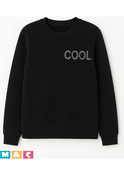 Bisklet Yaka Taşlı Modern Tarz Uzun Kollu Mevsimlik Siyah Sweatshirt