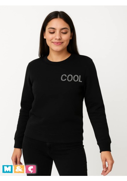 Bisklet Yaka Taşlı Modern Tarz Uzun Kollu Mevsimlik Siyah Sweatshirt fiyatları