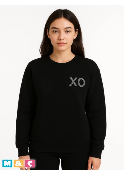 Bisklet Yaka Taşlı Modern Tarz Uzun Kollu Mevsimlik Siyah Sweatshirt