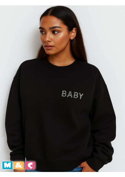 Bisklet Yaka Taşlı Modern Tarz Uzun Kollu Mevsimlik Siyah Sweatshirt