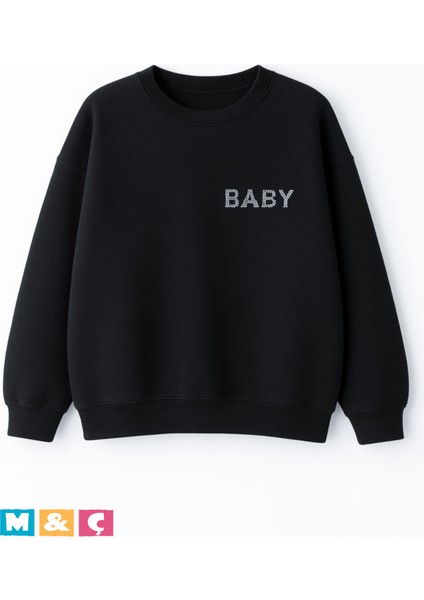 Bisklet Yaka Taşlı Modern Tarz Uzun Kollu Mevsimlik Siyah Sweatshirt fiyatları