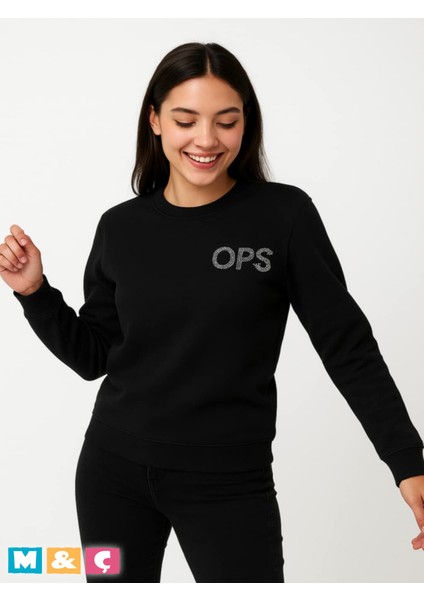 Bisklet Yaka Taşlı Modern Tarz Uzun Kollu Mevsimlik Siyah Sweatshirt