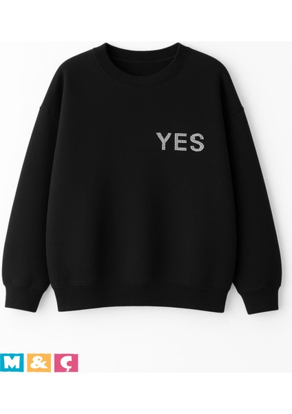 Bisklet Yaka Taşlı Modern Tarz Uzun Kollu Mevsimlik Siyah Sweatshirt