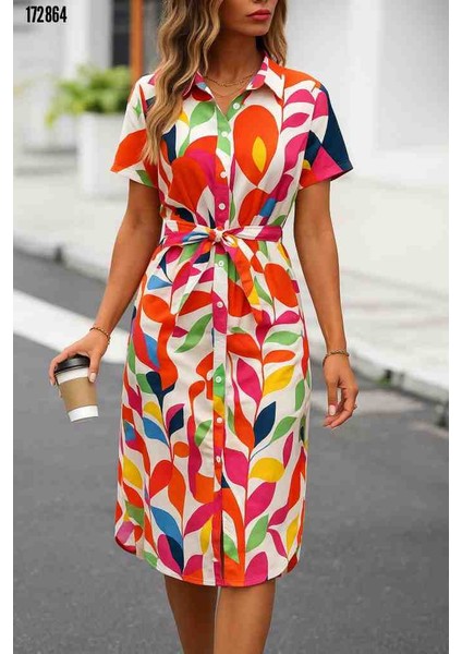 Kadın Kısa Kollu Yakalı Önü Düğmeli Önden Drapeli Desenli Süprem Elbise, Kırmızı Gül Figürlü Kolye Hediye