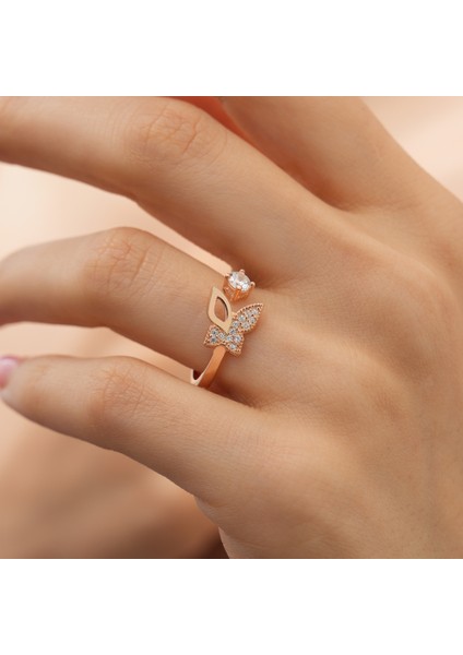 925 Ayar Rose Gold Kaplama Zirkon Taşlı Üstten Ayarlamalı Kelebek Gümüş Yüzük