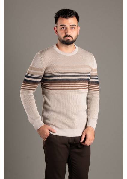 Erkek Bej Çizgili Fitilli O Yaka Triko