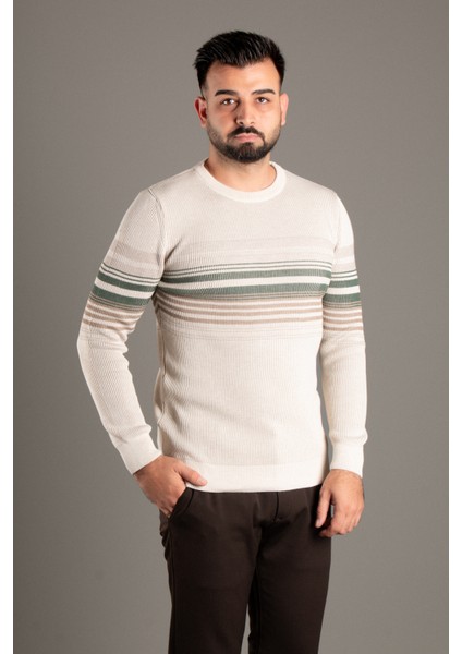 Erkek Krem Çizgili Fitilli O Yaka Triko